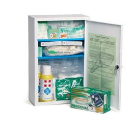 Armadietto pronto soccorso allegato I in metallo verniciato conpolvere epossidica colore bianco, 3vani, 2 ripiani interni, serra