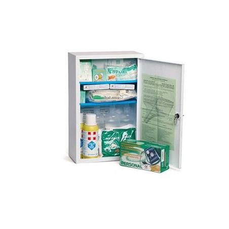 Armadietto pronto soccorso allegato I in metallo verniciato conpolvere epossidica colore bianco, 3vani, 2 ripiani interni, serra