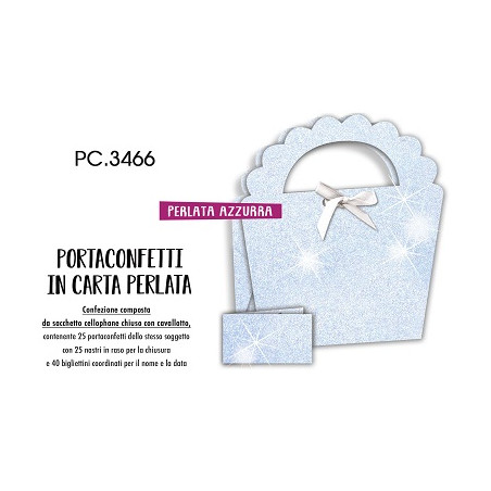 Biglietti bomboniere con portaconfetti 25pz perlata azzurro