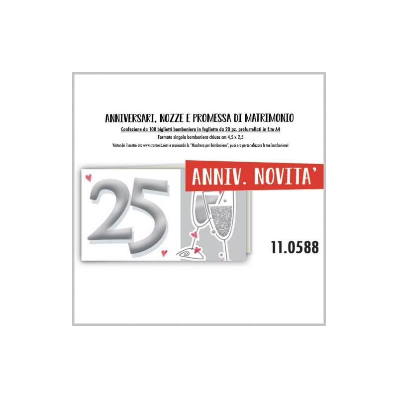 Biglietti bomboniere prefustellati 25esimo anniversario 100pz