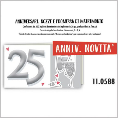 Biglietti bomboniere prefustellati 25esimo anniversario 100pz