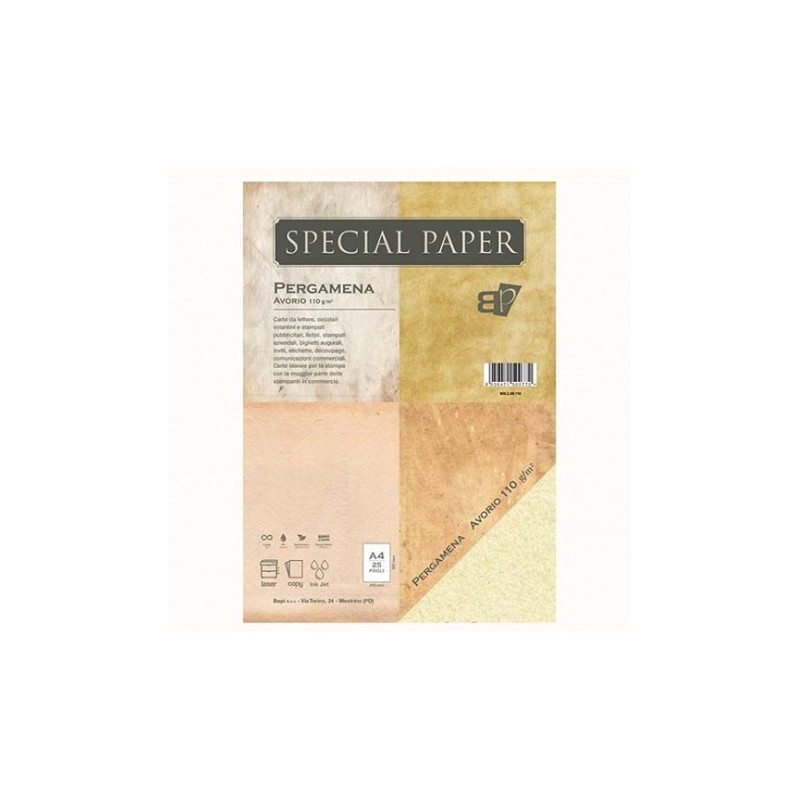 Carta pergamena special paper bapi A4 avorio 110gr 25fg
