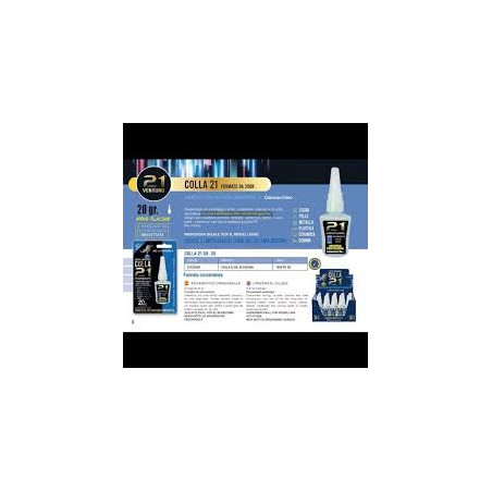 Colla cianoacrilica gr.20 (colla 21) ideale per incollare:gomma,metallo,ceramica,legno,cuoio,pelle,cartone e plastiche tranne PE