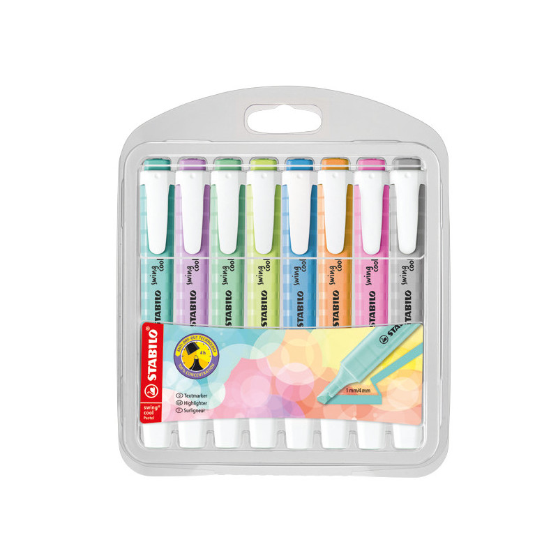 Evidenziatori a penna Stabilo Swing Cool con clip tecnologia anti dry-out PASTEL SET 8 COLORI