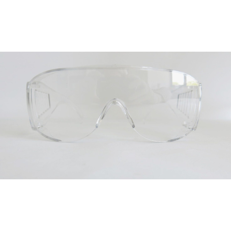 Occhiale protettivo a stanghette caratterizzato da una ampia lente monolitica frontale che protegge sia lateralmente che inferio