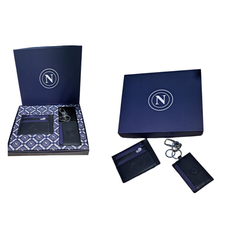 Parure compasta da portacarte di credito e portachiavi portacarte blu in pelle ssc napoli  pelle 100%