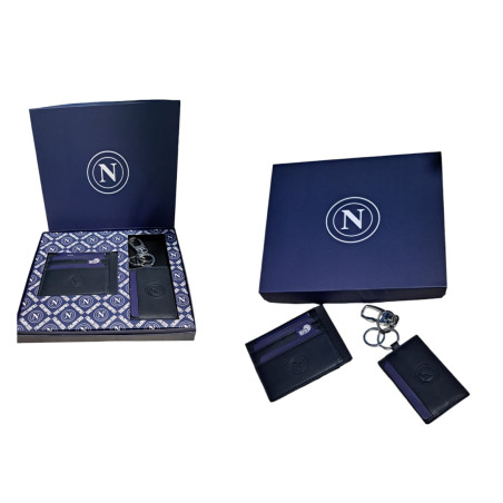 Parure compasta da portacarte di credito e portachiavi portacarte blu in pelle ssc napoli  pelle 100%