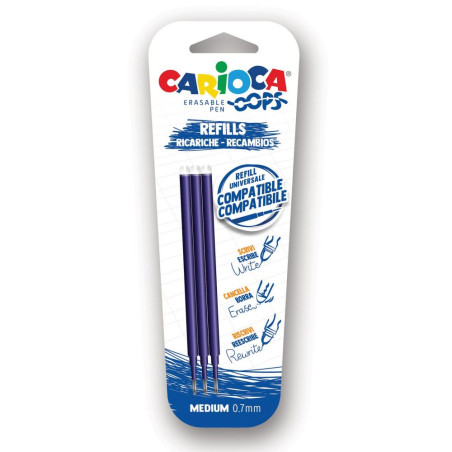 Refill Carioca blu tipo Frixion 0,7mm 3 pz. cancellabile ricaricabile-con inchiostro gel termosensibile- Carioca Oops