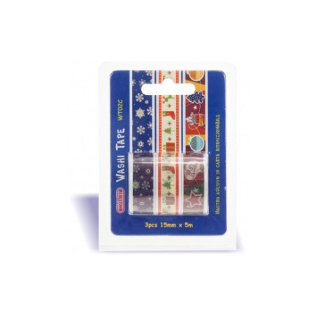 Washi tape NATALE 15mm x 5m - Nastro adesivo in carta riposizionabile.Non lascia residui di colla.Blister 3 soggetti assortiti.