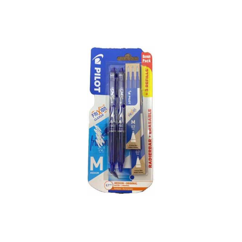Bl. 2 Penne Pilot frixion clicker scatto 0,7 blu cancellabile ricaricabile + 6 refill