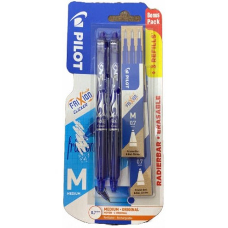 Bl. 2 Penne Pilot frixion clicker scatto 0,7 blu cancellabile ricaricabile + 6 refill