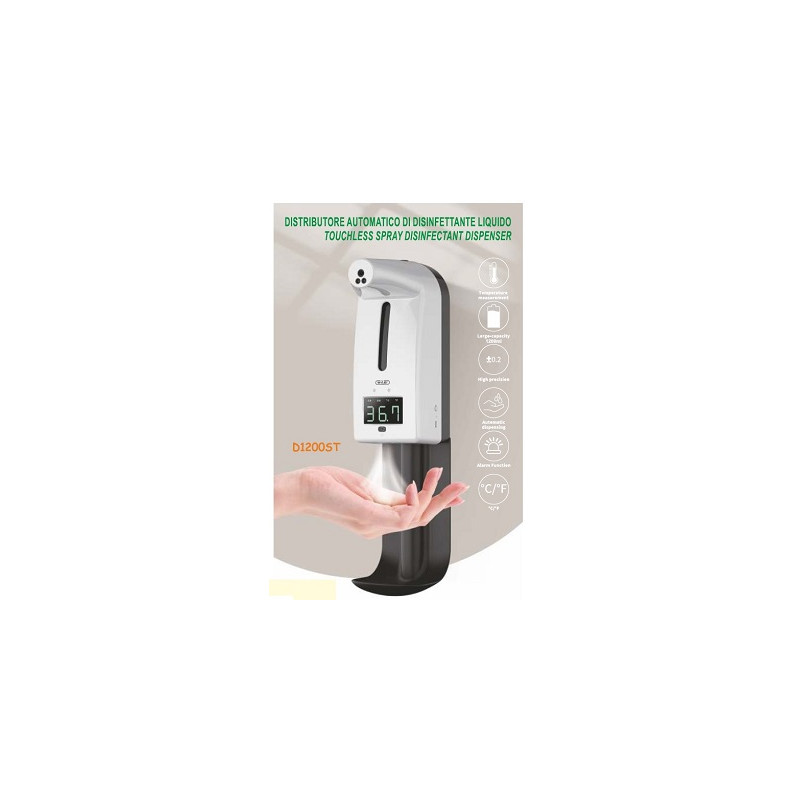 Distributore automatico di igienizzante 1,2lt con TERMOSCANNER a batteria o corrente,a parete o con treppiedi