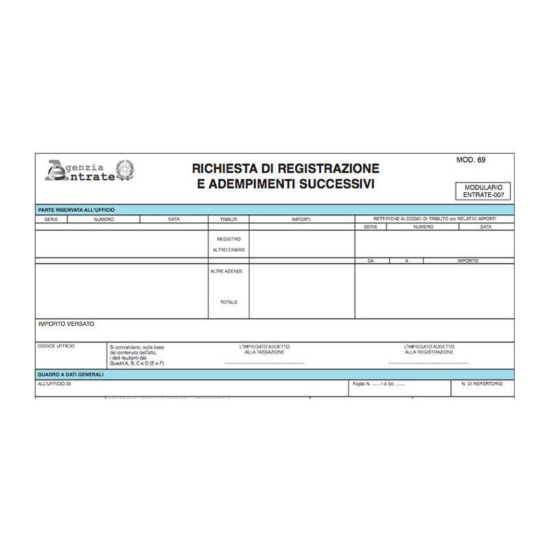 Moduli Richiesta registrazione atti con cedolare secca (Mod. 69), snap out a 3 copie autoricalcanti