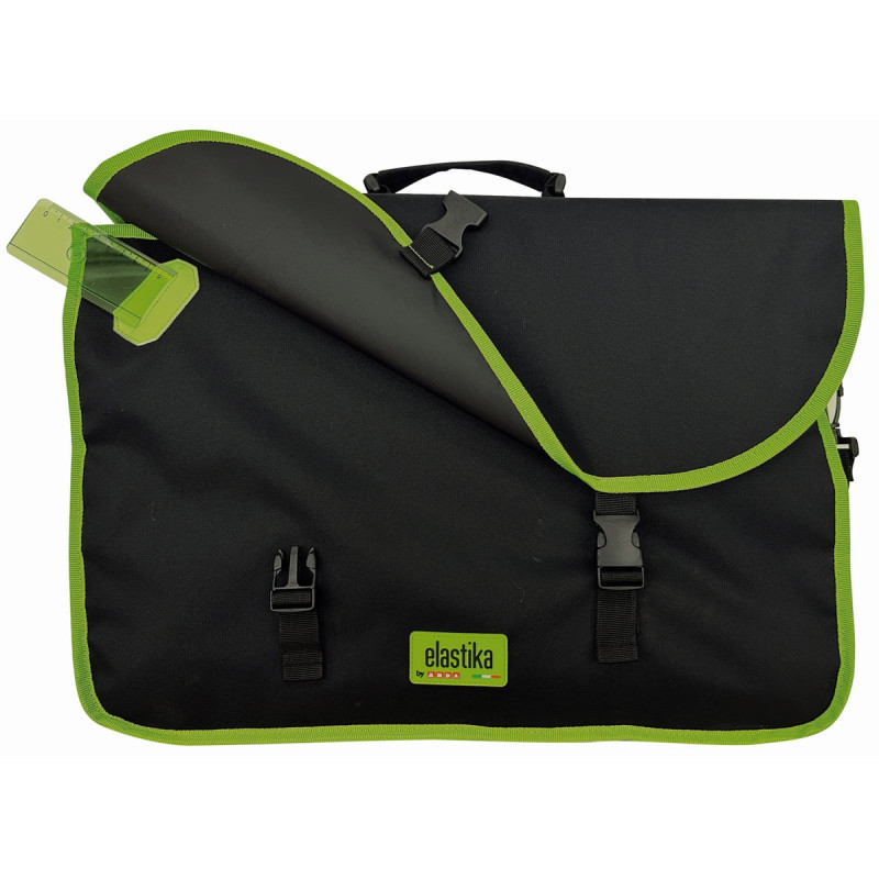 Valigetta cartella nera in tessuto con tasca porta riga + riga da 60 cm, 52x37cm, Linea Elastika - Arda
