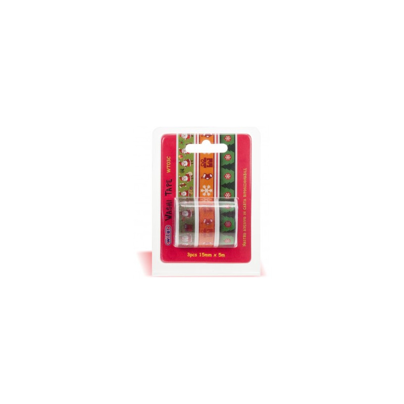 Washi tape NATALE 15mm x 5m - Nastro adesivo in carta riposizionabile.Non lascia residui di colla.Blister 3 soggetti assortiti.