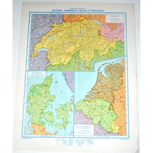 Cartina geografica da banco in carta SVIZZERA-DANIMARCA-BELGIO-PAESI BASSI A3