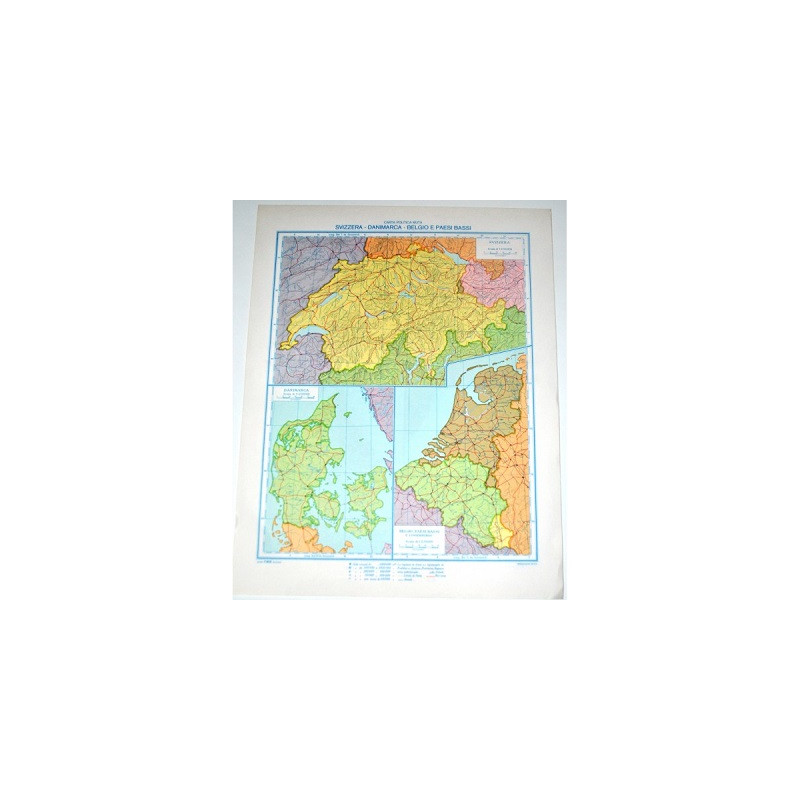 Cartina geografica da banco in carta SVIZZERA-DANIMARCA-BELGIO-PAESI BASSI A3