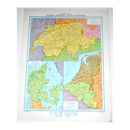 Cartina geografica da banco in carta SVIZZERA-DANIMARCA-BELGIO-PAESI BASSI A3