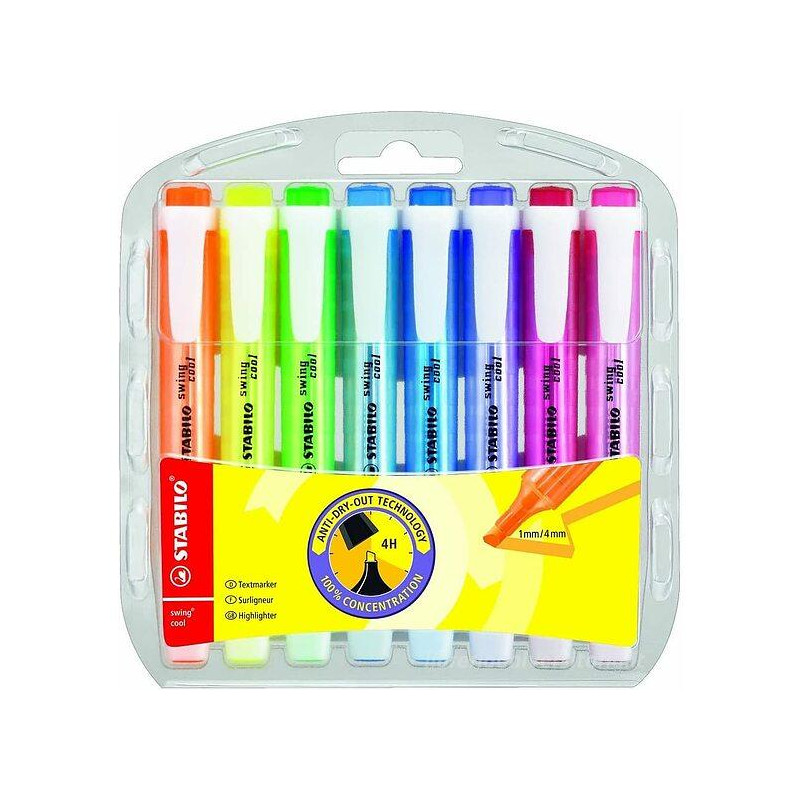 Evidenziatori a penna Stabilo Swing Cool con clip tecnologia anti dry-out 8 colori fluò