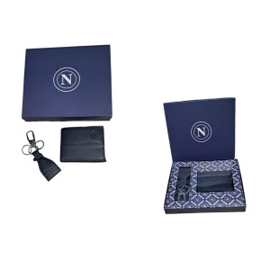 Parure portafoglio slim e portachiavi in pelle colore blu navy con logo a rilievo ssc napoli in gift box pelle 100%