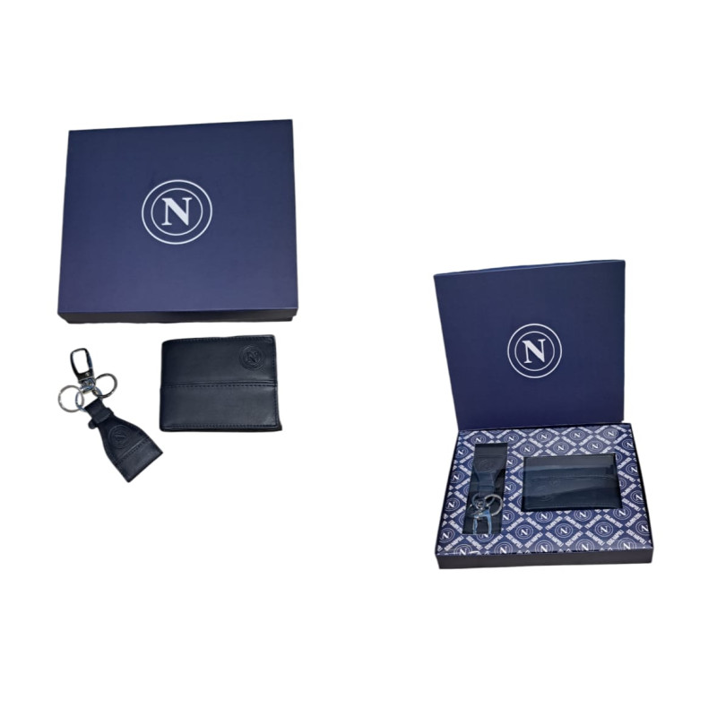 Parure portafoglio slim e portachiavi in pelle colore blu navy con logo a rilievo ssc napoli in gift box pelle 100%