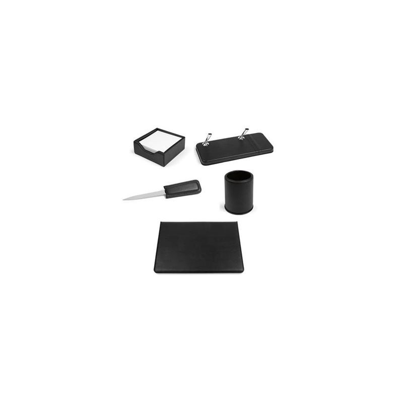 Set da scrivania VIP in sintetico morbido nero, composto da: apribusta, bicchiere portapenne, portanotes, portastilofori e sotto