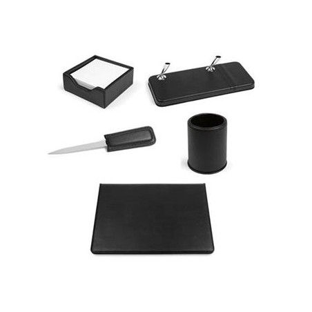 Set da scrivania VIP in sintetico morbido nero, composto da: apribusta, bicchiere portapenne, portanotes, portastilofori e sotto